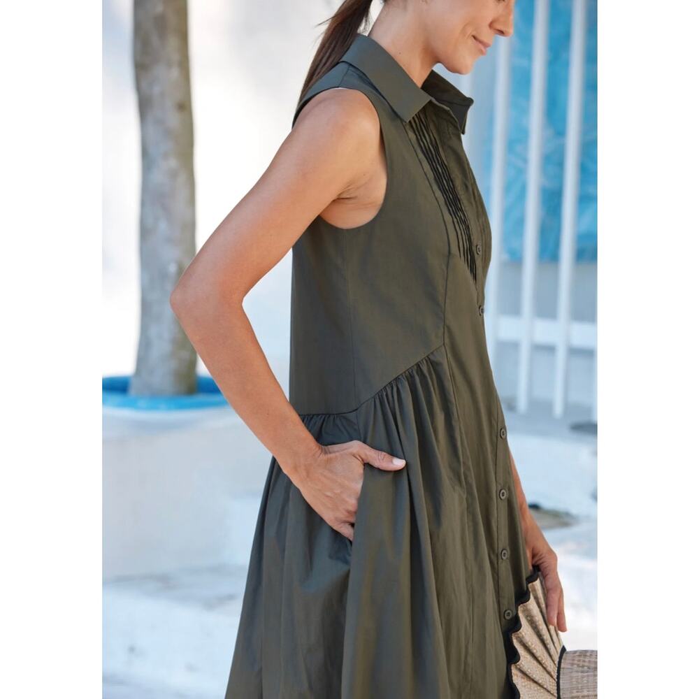 MAYE Corinne Shirtdress Poplin Cotton Relaxed A-Line Midi Dress Khaki - Large - Picture 12 of 13
